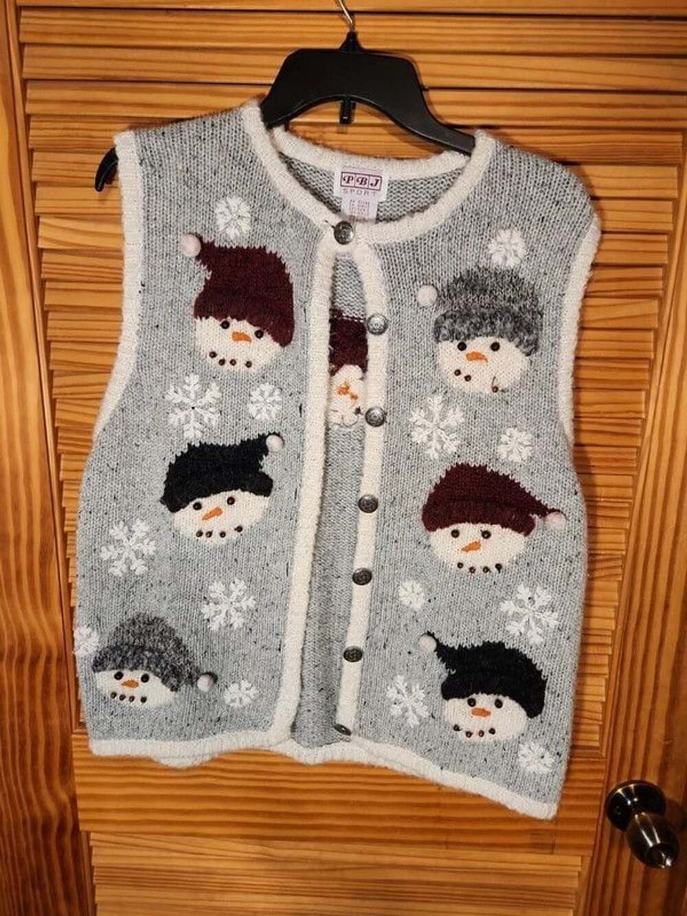 Vintage 90s PBJ Sport Snowman Snowflake Knit Sweater Vest Women's Large